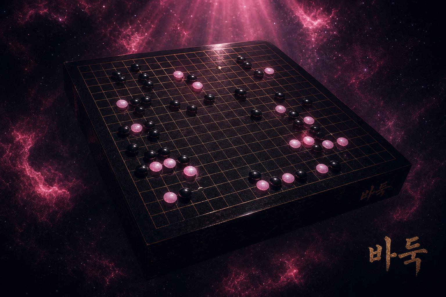 Baduk — lacquered goban under a magenta cosmos