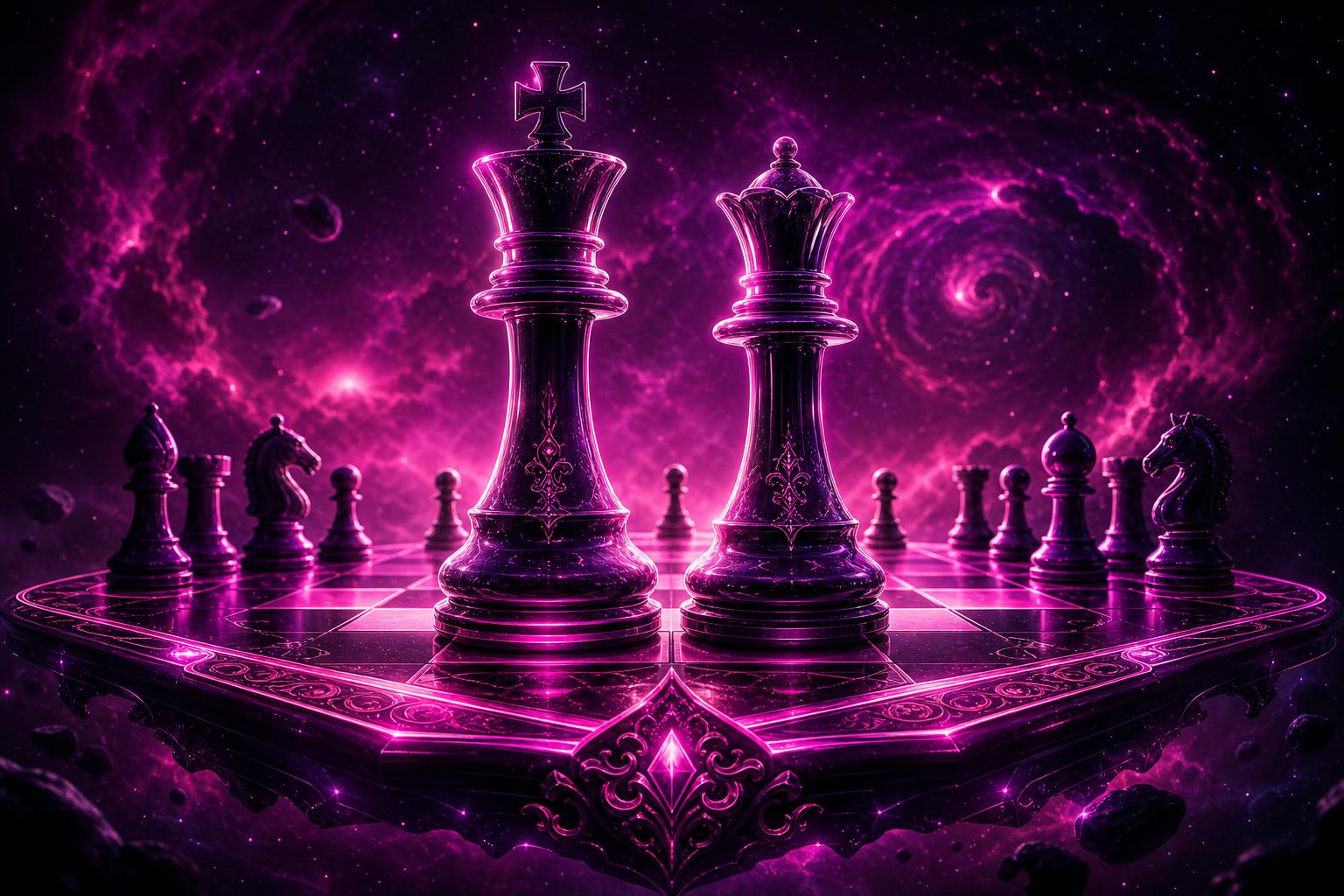 Mazenta Chess — neon magenta chess pieces in a cosmic nebula